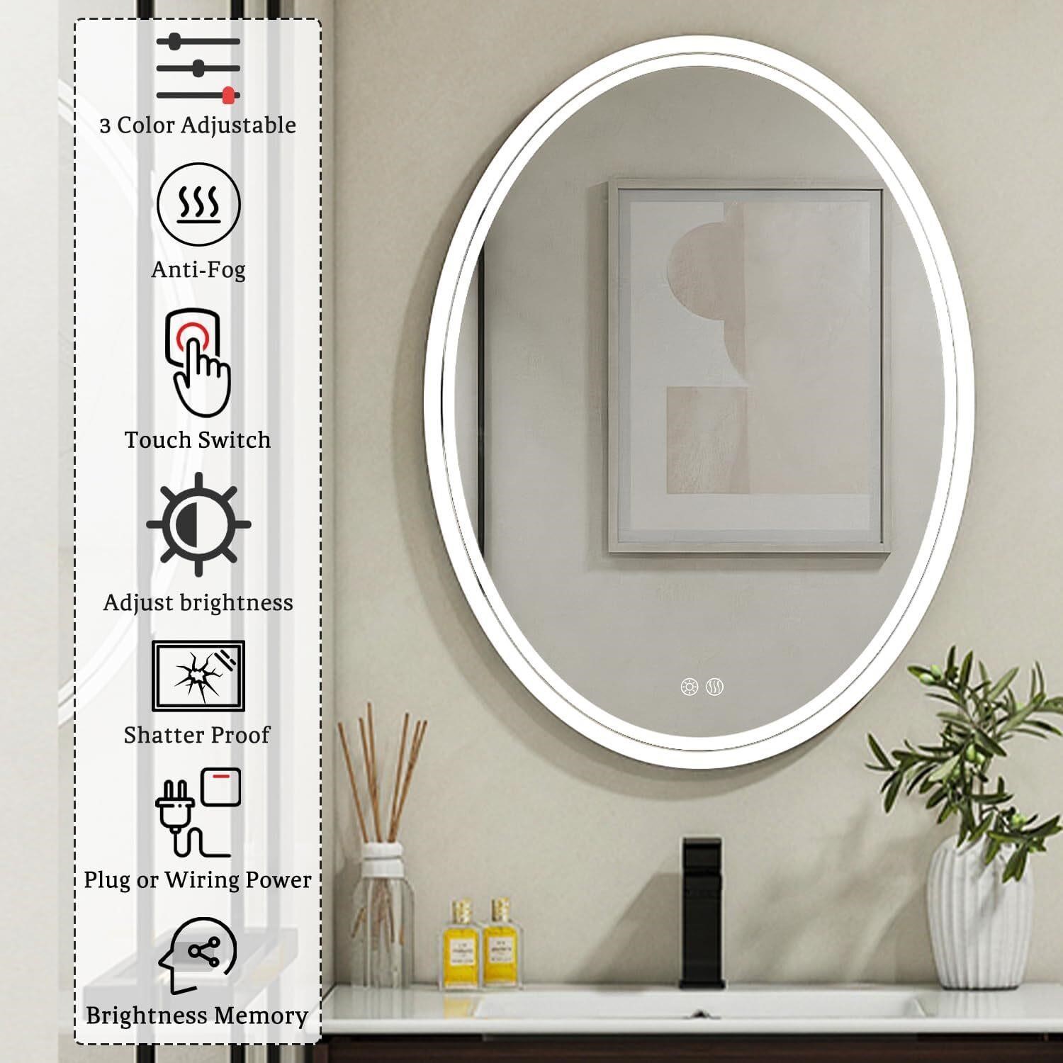 BuLife 32 x 24 inch Oval LED Bathroom Mirror Anti