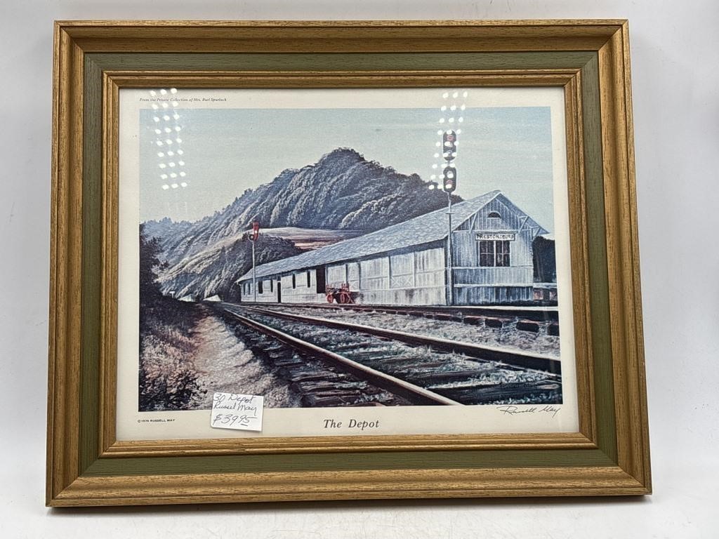 Framed Russell May print "the depot"