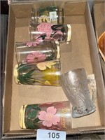 Vintage Glasses w/ Floral Design + Flintstone Cup