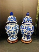 Porcelain Blue Bombay Chinoiserie Temple Jar x2