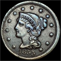 1855 Upright 55 Braided Hair Large Cent CLOSELY