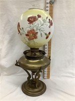 Brass Base Kerosene Lamp w/ Hand Painted Globe,