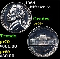 Proof 1964 Jefferson Nickel 5c Grades GEM++ Proof