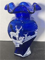 VINTAGE FENTON 6 SIDED COBALT BLUE VASE WITH