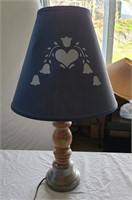 Wood & brass lamp with blue stenciled shade