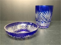 Cobalt Cut to Clear Bowl & Glass