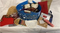 Basket of tapestries, Table Cloths, Trivets,