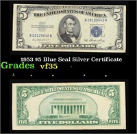 1953 $5 Blue Seal Silver Certificate Grades vf++