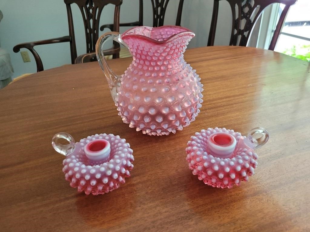 Cranberry Hobnail Pitcher and Finger Ring Candleho