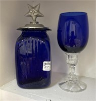 Cobalt blue goblet 8.5" & canister w/pewter lid 10
