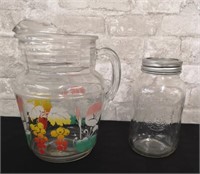 Vintage glass juice Pitcher and Mason jar.