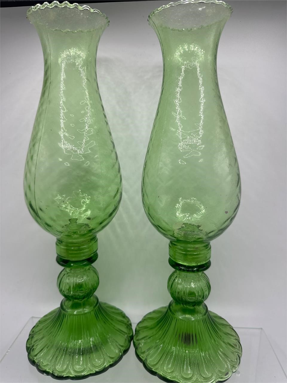 Green glass hurricane candle holders