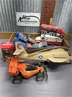 FLAT OF TOY CARS, TRUCKS, HELECOPTER, ETC