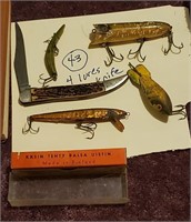 Old Kent fishing pocket knife + 4 old lures wooden