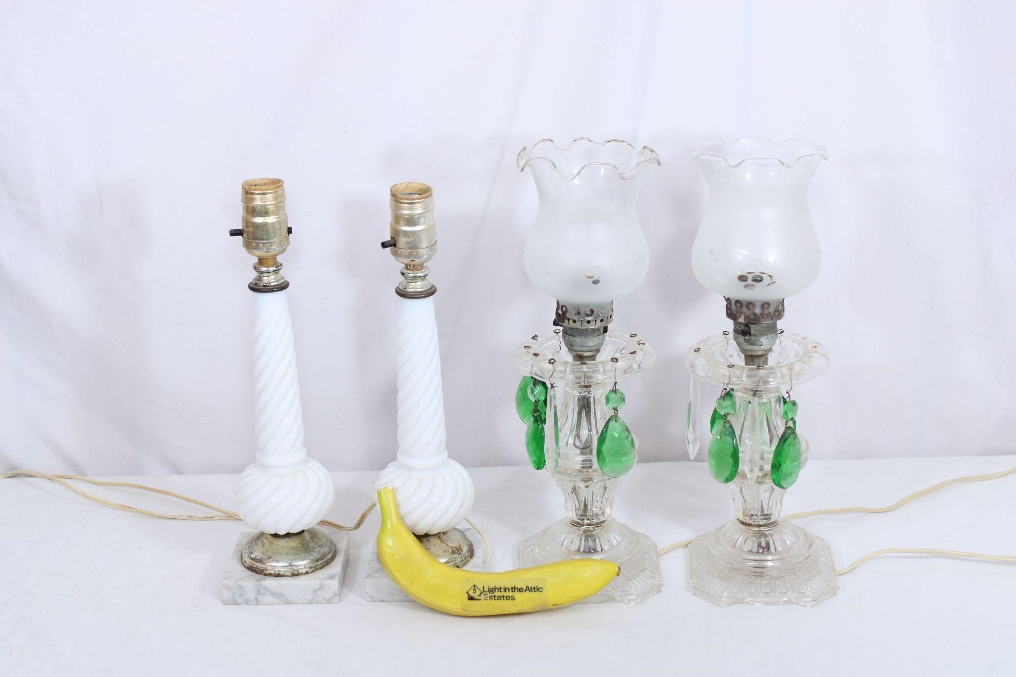 4 Vtg. Swirled Milk Glass & Prisms Lamps