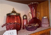 Cranberry Glass Shakers, Candy Dish & Vases