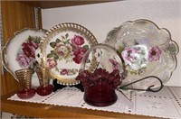 German China, Cranberry Glass Basket, & Bud Vases