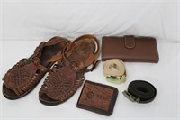 Vtg. Woven Brazil Leather Sandals, Tooled Wallet++