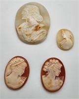 4 Carved Shell Cameos, 2 Signed