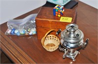 Wooden File Box, Marbles, Miniature Basket &