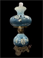 19.5 “  Blue Hurricane Lamp w’ White Roses