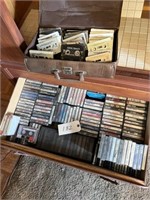 Cassette Tape Collection with Brown Case