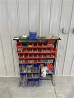 Plastic Storage Bins on Metal Stand with Contents