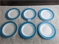 6 PYREX- Aqua Blue Rimmed Bread Plates- 6.75"