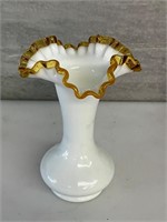 Fenton Vase Milk Glass with Ruffled Amber Crest