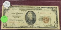 1929 BROWN SEAL $20 NOTE - KANSAS CITY, MO.