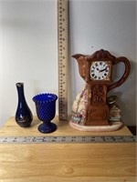 Heritage Mint Clock Figurine & Cobalt Blue Vases