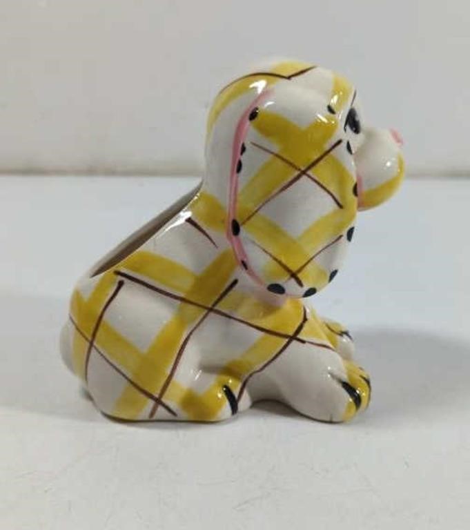Vintage Yellow/Pink Plaid Dog Planter Made in