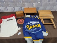 Wood box, folding small table, signed jerseys etc