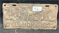 1933 OKLAHOMA LICENSE PLATE (RUSTY)