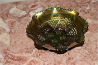 Carnival glass emerald green footed bowl grape and