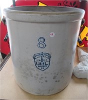 8 Gallon UHL pottery stoneware crock. Measures: