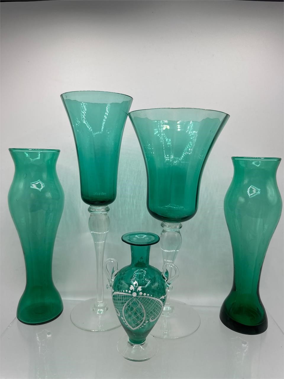 Teal glass stemware & vase