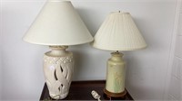 2 lamps with clean shades, ceramic bases, iris