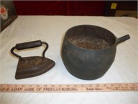 Vintage Cast Iron Cook Pot & Antique Sad Iron