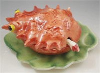 MAJOLICA 1950s CRAB ON LEAF DIP DISH FIGURAL ITALY
