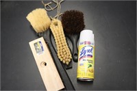 3 Scrub Brushes and 1 Deck Brush Head, Lysol Spray