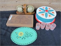 TRAY LOT GLOBES, CAKE COVER, GLASSES, AND MORE