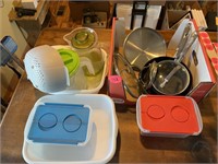 (2) Boxes Cookware, Plastic Servers & Misc.