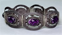 Vintage Sterling Taxco Amethyst Bracelet 26 Grams