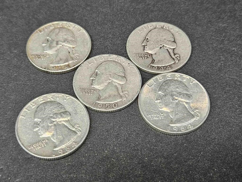 5- WASHINGTON QUARTERS 90% SILVER