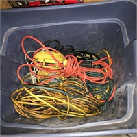 Tote of Extension Cords & Drop Lights