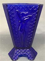 8" Art Deco Nude Cobalt Vase