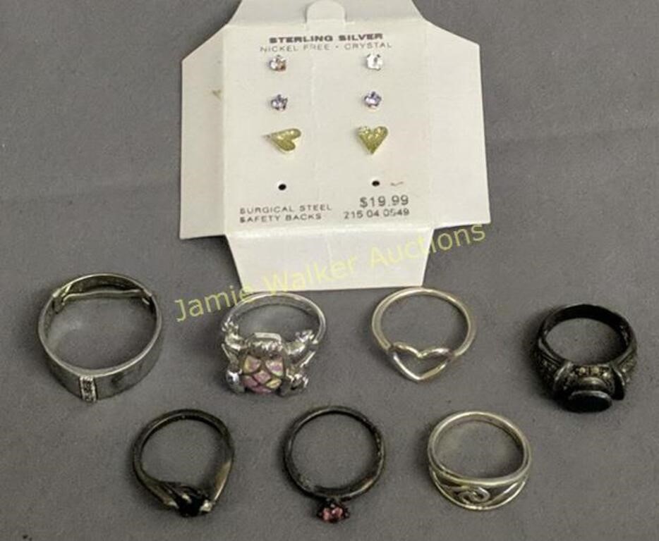 7 Sterling Silver Rings, Earrings
