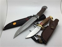 2 PC - SHARPES & TROPICAL STAG KNIVES WITH LEATHER