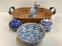 Basket w/Blue & White Bowl, Cat, Candleholders